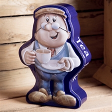 Tetley tin of teabags in the shape of one of the Tetley characters